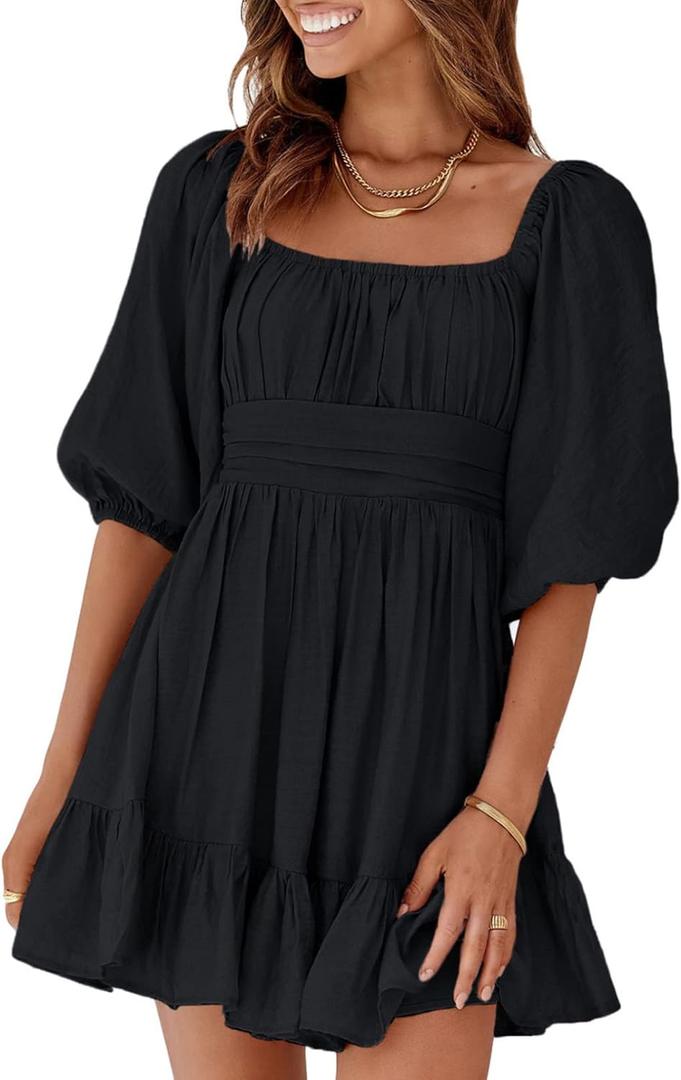 Dokotoo Womens Summer Dresses Square Neck Tie Back Lantern Sleeve Ruffle A-Line Casual Dress (Medium, 22 Black)