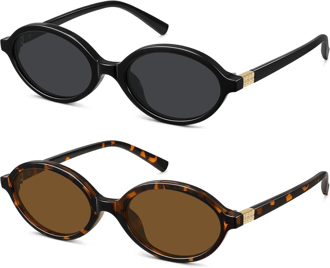 WOWSUN Retro Oval Sunglasses Womens Trendy Sun Glasses Sunnies UV400 Protection (2 Pack: Black Frame Grey Lens+tortoise Frame Brown Lens)