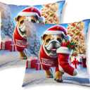 2 x HOMETITUTE 18x18 Inch Set of 2 Merry Christmas Throw Pillow Covers Soft Decorative Bulldog Cushion Covers Holiday Winter Pillow Cases Rustic Farmhouse Decor for Sofa Couch Bed Living Room