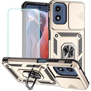 Vokuha Case for Moto G 5G 2024 Case, Motorola G Play 5G 2024 with Tempered Glass Screen Protector and Slide Camera Cover, 360° Rotate Ring Stand Magnetic Cover for Motorola Moto G Play 5G 2024 Gold