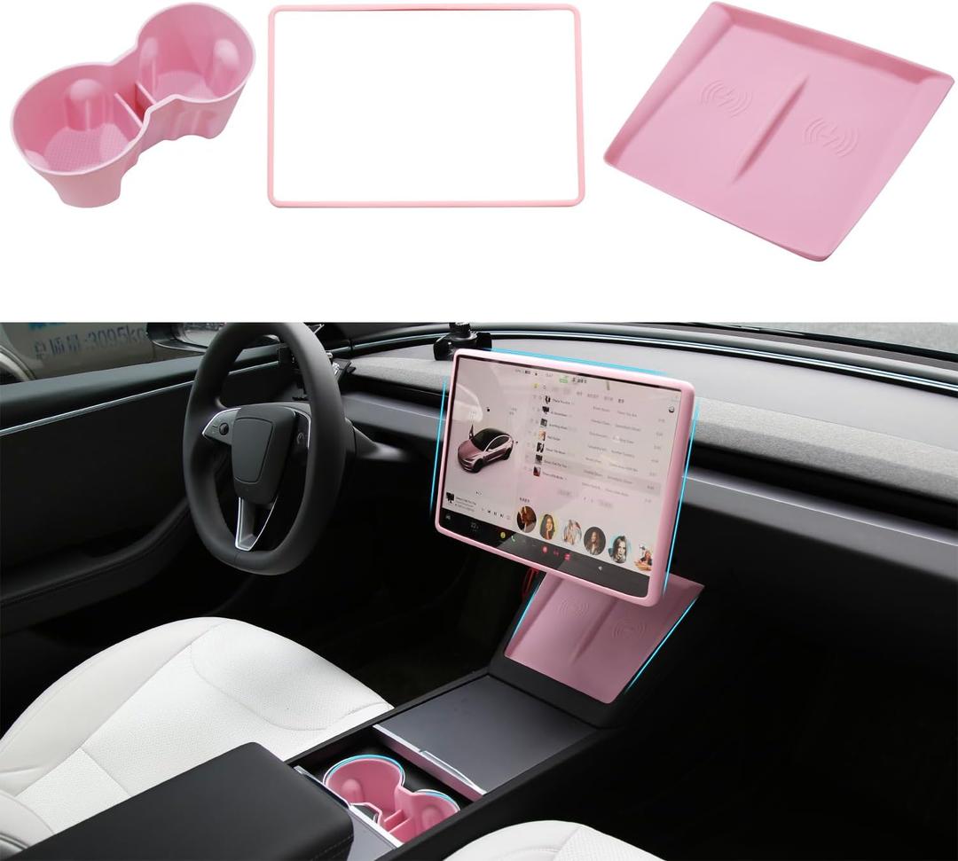 3PCS Center Console Accessories for Tesla New Model Y Juniper 2025 Model 3 Highland 2024 Cup Holder Insert, Screen Edge Protector Frame, Wireless Charger Mat Silicone, Pink