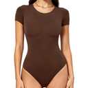 Mobeso Women's Round Neck Short Sleeve Bodysuit Double-Lined Body Suits Basic T-Shirt Tops for Women Cocoa M (Brown, M)