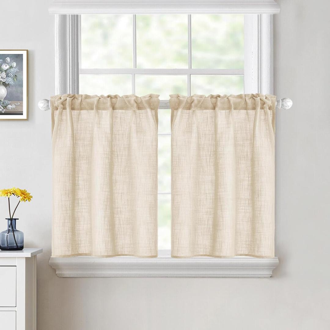 MIULEE Cafe Curtains 24 Inch Length Half Window Curtain Semi Sheer Farmhouse Short Linen Drapes for Kitchen Bathroom Basement Small Window, Rod Pocket Tier Curtains 2 Panels W26XL24, Linen