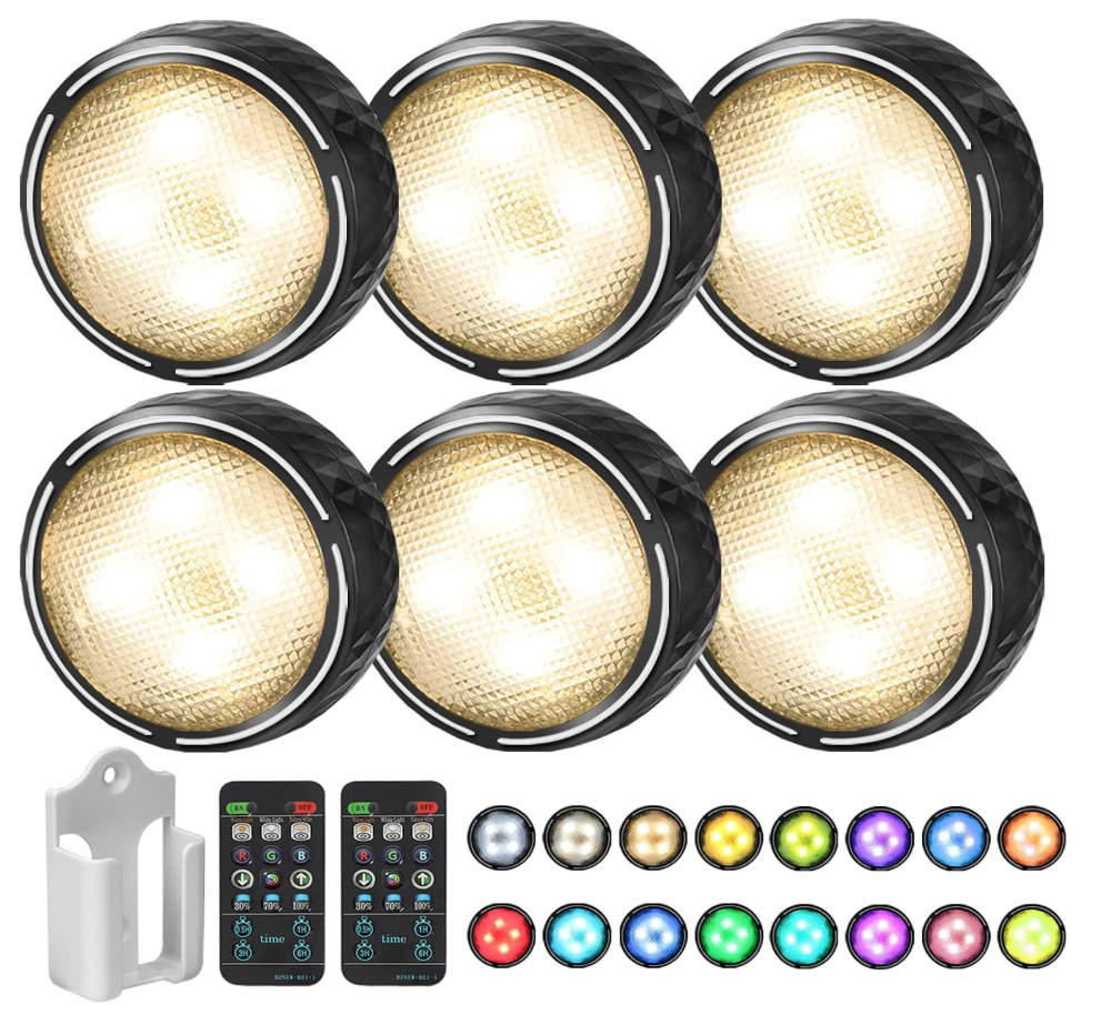 LED Puck Lights with Remote Battery Operated Under Cabinet Lighting Wireless Stick on Lights Color Changing Timer Tap Lights for Cabinets Shelves Closets Display Case  6Pack Black