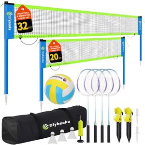 Outdoor Volleyball & Badminton Combo Net Set for Backyard, Beach with 2 Nets, Adjustable Poles, 4 Aluminum Rackets, PU Volleyball, Portable Carry Bag, 30ft×3ft, 20ft×2.5ft