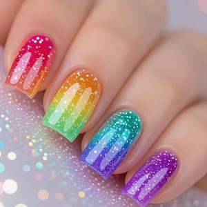 Colorful Press on Nails Square Medium Neon Fake Nails with Designs Purple Yellow Red False Nails Rainbow Acrylic Nails with Reusable Adhesive Tab Artificial Fingernail Stick on Nails for Women 24Pcs