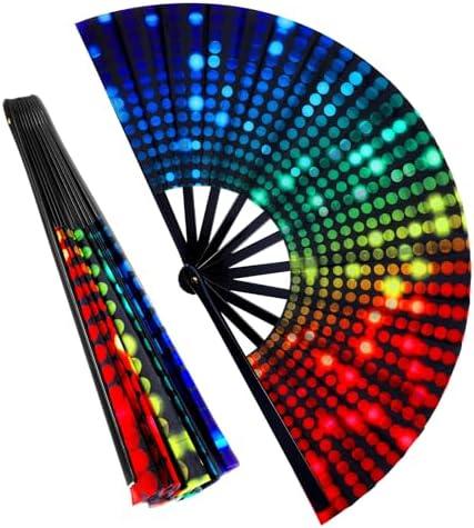 Grevosea Folding Hand Rave Fan for Women/Men, Large Bamboo and Nylon Cloth Handheld Fans, Chinease/Japanese Handheld Fans for Cooling Dance Decoration & Festival Events (Neon Light),Set of 4