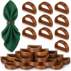 Remerry 24 Pcs Wooden Napkin Rings Handmade Dining Napkin Holder Buckles Farmhouse Semicircle Serviette Ring for Xmas Gathering Everyday Use Harvest Wedding Table Setting (Wood Color)