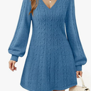 Womens V Neck Long Sleeve Cable Knit Fall Dresses Elegant Babydoll Sweater Dress, Blue, M