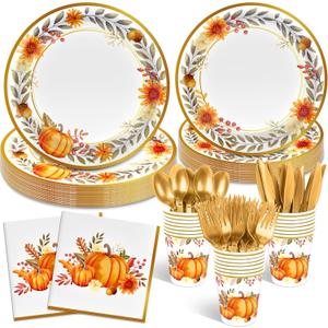 168Pcs Fall Thanksgiving Paper Plates and Napkins for Thanksgiving Fall Theme Autumn Leaves Pumpkin Party Supplies