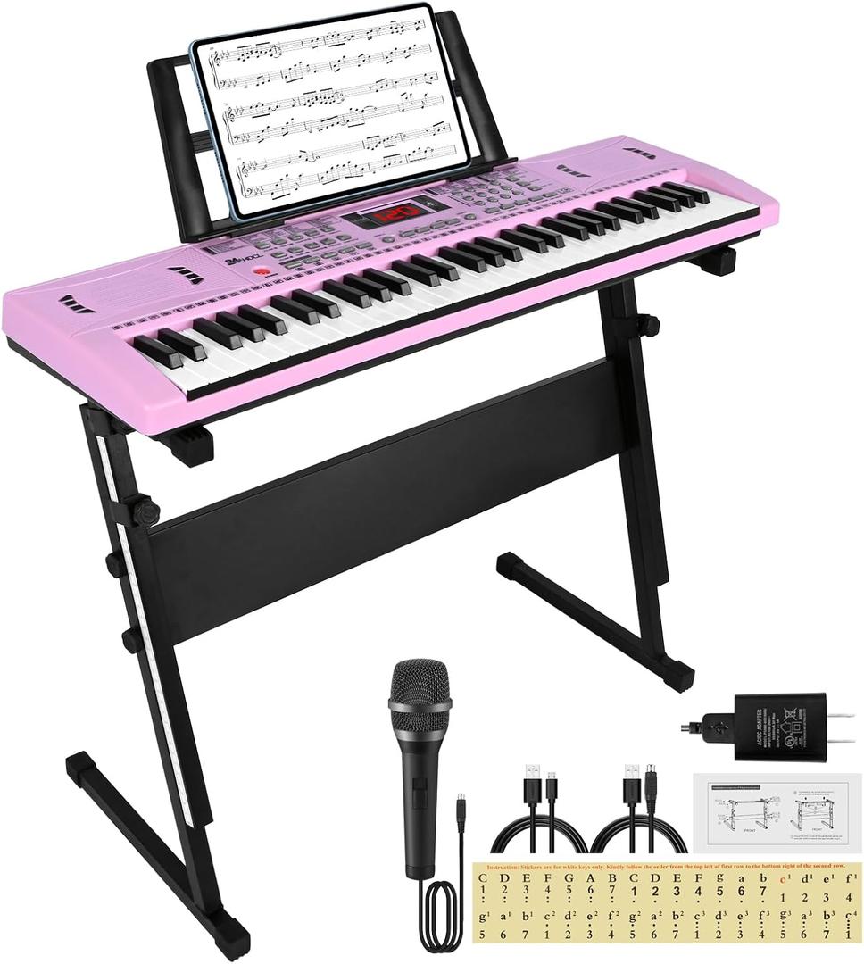 61 Key Keyboard Piano, Digital Kids Piano Keyboard with Stand, Gift for Early Education Children, Pink