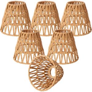 Tujoe Small Rattan Bell Lamp Shade Boho Handwoven Barrel Rattan Chandelier Shades Replacement for Table Floor Lamp Pendant Light Fixtures, 5.5" H x 5.9" D, 2.76" Fitter(6 Pcs,Boho,Normal)