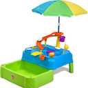 Step2 Waterpark Wonders Two Tier Water Table, Kids Water Activity Sensory Playset with Umbrella, Garden Hose Sprinkler Attachment, 11 Piece Accessories, Outdoor Summer Toy, Ages 18 Months+, Blue