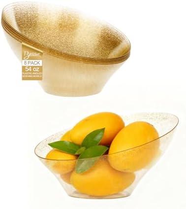 BESTSTAR Clear and Gold Gliter Plastic Serving Bowls 16 Pack 54oz – Angled Disposable Party Bowls for Chips, Salad, Fruit & Candy – Heavy Duty Clear Serving Bowls for Parties, Buffet, Christmas