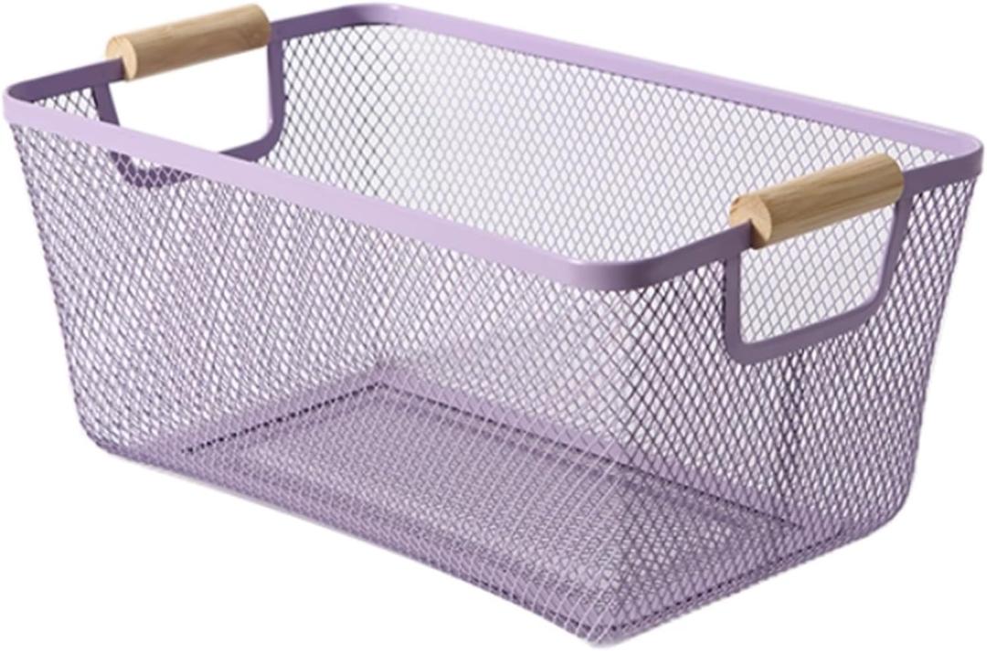 AJIODA Metal Mesh Steel Basket, Medium Wire Storage Organizer Basket Multi-function Hanging Kitchen Basket with Wood Handle for Kitchen Bathroom Picnic Home, Rectangle-Purple