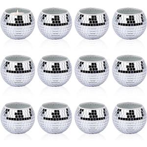 DICOSMETIC Pack of 12 Disco Ball Candle Holders Silver Glass Mirror Tea Light Table Decoration 2.7 x 2.2 Inches / 6.85 x 5.5 cm Round Votive Set for Party Table Decoration Silver