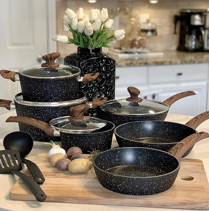 Kitchen Academy Induction Cookware Sets - 12 Piece Cooking Pan Set, Granite Black Nonstick Pots and Pans Set Kitchen Academy Induction Cookware Sets - 12 Piece Cooking Pan Set, Granite Black Nonstick Pots and Pans Set