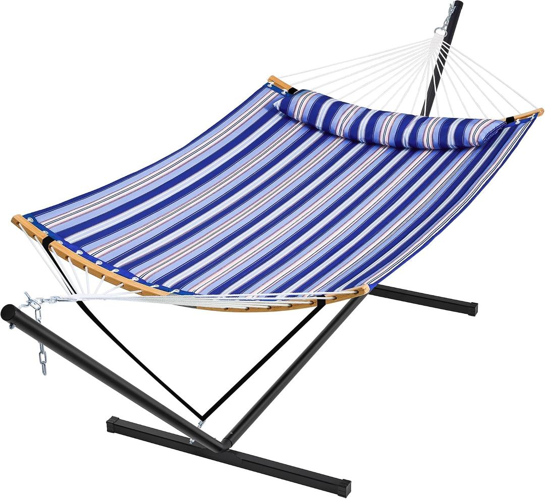 SUPERJARE Hammock with Stand, 2 Person Heavy Duty Hammock with Padded Cotton, Detachable Pillow & Strong Curved-Bar & Portable Carrying Bag, Perfect for Outdoor & Indoor, Navy Blue Stripe