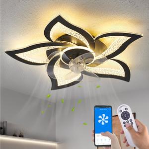 Yfrest Ceiling Fan with Lights Remote Control, Black Personalized Ceiling Fan with Light, 6 Speeds 3 Light Color Flush Mount Ceiling Fan for Kitchen Bedroom