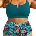 Yonique Women Plus Size High Waisted Bikini - Ribbed Two Piece Swimsuit Tummy Control Bathing Suit V-Wired 2025 Swimwear Colorful Leaves 16W
