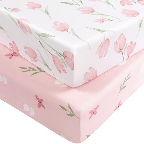 Nyessmee Baby Crib Sheets Girl, Fitted Crib Sheets 52" x 28", Soft Breathable Microfiber Sheets for Standard Crib and Toddler Mattress, 1-Pack Pink Tulips