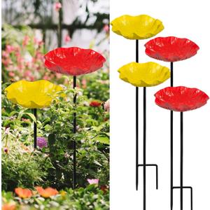 4 PCS Metal Bird Baths for Outdoors, Small Garden Bird Bath & Bird Feeders with Metal Stake, Hummingbird Feeder for Outside Lawn Yard Garden Decor