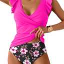 Tankini Swimsuit for Women Tummy Control Two Piece Bathing Suit Ruched Ruffle Swimwear Top with Bottom (XX-Large, Hot Pink Print)