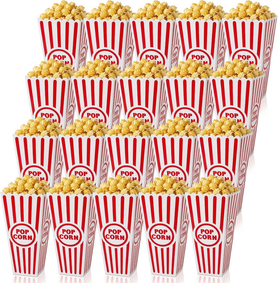 Tebery 20 Pack Plastic Popcorn Boxes Open-Top, Reusable Popcorn Bucket Container for Movie Night, Classic Red White Striped Party Snack Bowls for Party Favors, Birthday, Carnival, 7.5" x 4"