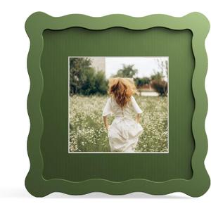 6x6 Picture Frame with Mat for 4x4, Wavy Edge Wooden Real Glass Photo Frame for Tabletop and Wall Hanging, Green, 1 Pack