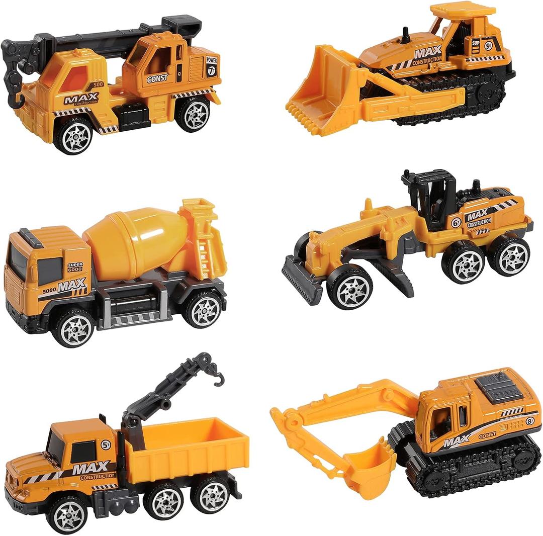 ANDOLO Construction Truck Toys, 6Pcs Mini Engineer Car Toys Small Construction Vehicle Bulldozer Roller Excavator Cement Mixer Truck Dump Tractor Cake Topper Party Favors Sand Beach Toy