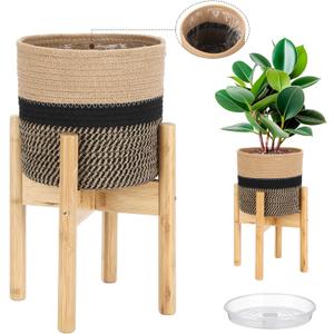 Plant Basket with Stand Indoor Planter Pot Holder Sturdy Jute Rope Modern Woven Basket, Cotton Rope Woven Pot with Bamboo Stand(7.87 Inch,Black and Beige Stripes)