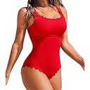 Charmo Womens Scalloped Ribbed One Piece Swimsuits Retro Square Neck Modest Bathing Suits Size XXl