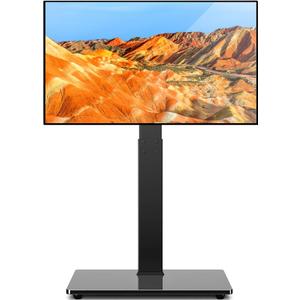 TAVR Universal Floor TV Stand Base for 32-75 Inch TVs up to 110 Lbs with Swivel Height Adjustable Mount, Black Tempered Glass Base for Media Storage and Space Saving