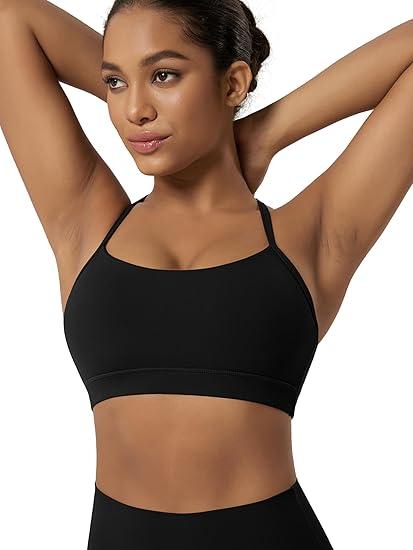 ODODOS Women's Halter Sports Bra Padded Y Racerback Yoga Top with Removable Pads, Black, X-Small