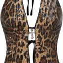 Verdusa Women's Lerpard Print Sequin Halter Top Rave Club Date Night Going Out Corset Tops (XL)