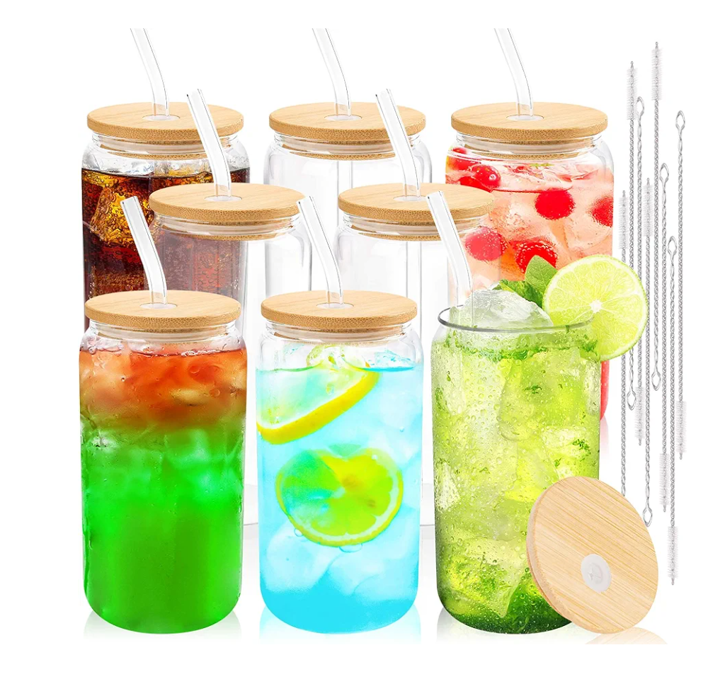 Joyclub Glass Cups with Bamboo Lids and Straws 8 Set 16 oz Reusable Iced Coffee Cup Beer Can Drinking Jars for Smoothie Whiskey Boba Soda Tea Gift
