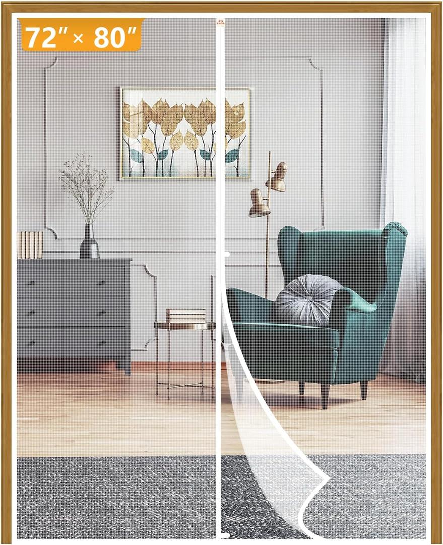 Yotache Magnetic Screen Door Fit Doors 72" x 80", Screen Size 74" x 81" Strengthened Balcony Patio French Door Screen Curtain Enjoy Fresh Air, White (White & Middle Opening)