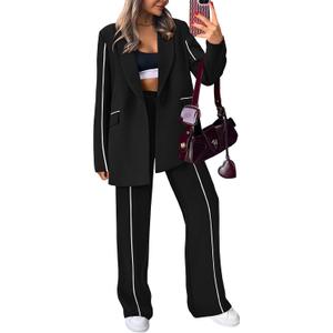 PRETTYGARDEN Women's Fall 2 Piece Blazer Outfits Business Casual Oversized Jacket Wide Leg Work Pants Dressy Suit Set (Black, Small)