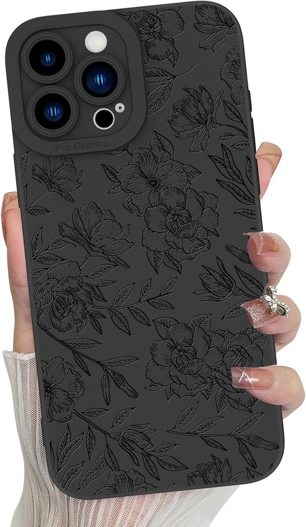 MZELQ for iPhone 15 Pro Case, Silicone Floral Flower Rose Cute Pattern, Camera Protection Soft Slim Phone Case for Phone Case -Black