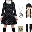 Kids Halloween Costume Girls Black Dress Cosplay with Wig Socks Necklace Hairpin (130 (7-8 Years))