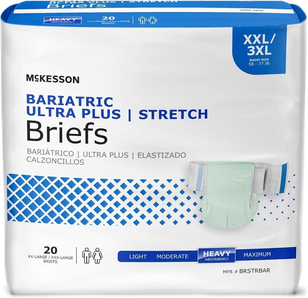 McKesson Ultra Plus Stretch Briefs, [20 Count], XXL/3XL, 58-77 in. Incontinence Adult Diapers, Heavy Absorbency, Unisex, Disposable, Elastic Leg Gathers and Contoured Fit for Men and Women