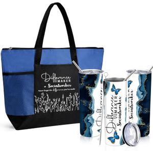 Sieral Social Worker Appreciation Gifts for Women  Difference Maker Large Tote Bag and 20oz Insulated Tumbler Set National Social Work Month Gifts for Mental Health Therapist LCSW(Dark Blue)