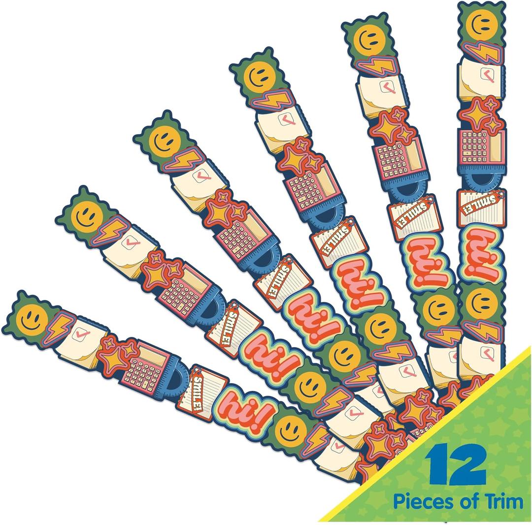 2 x Eureka 846362 S'Cool Era School Icons Extra Wide Decorative Classroom and Bulletin Board Trim for Teachers, 3.25" Wide with 37 Feet Total, Multicolor, 12 Strips
