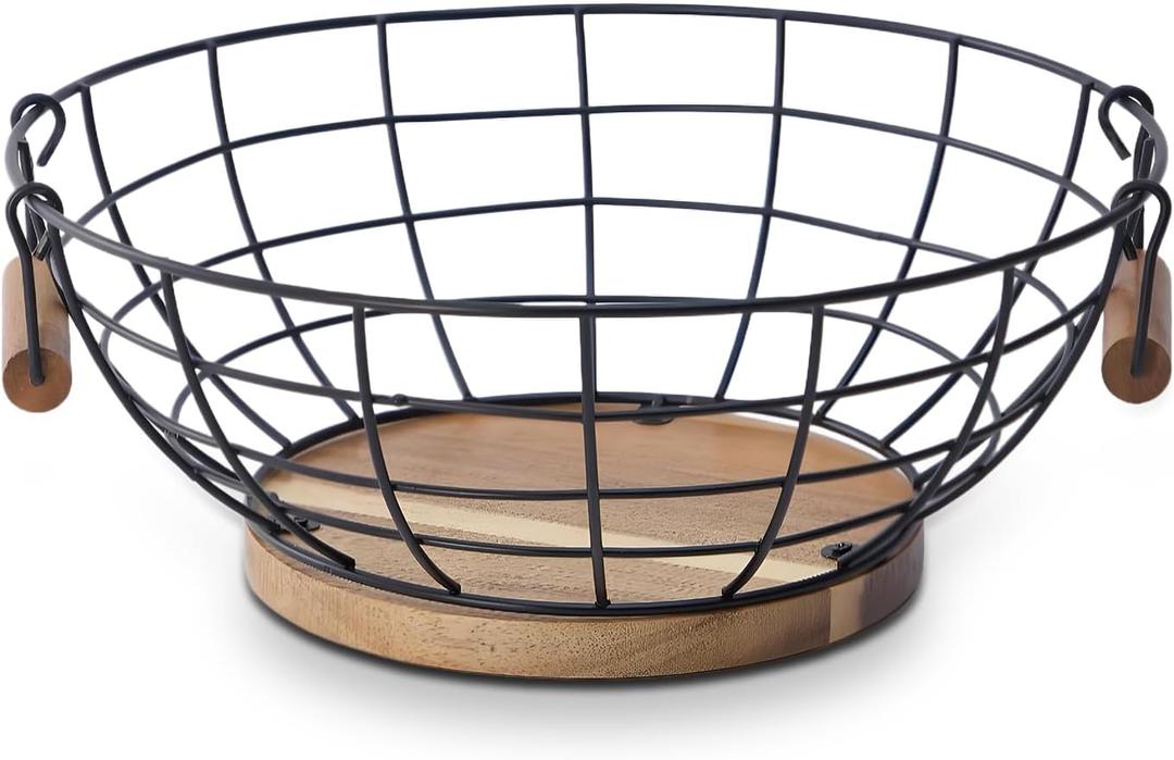 Fruit Basket Bowl for Kitchen Counter - Metal Basket with Acacia Wood BaseFruit and Vegetable Storage Basket (Single 12*12*4)