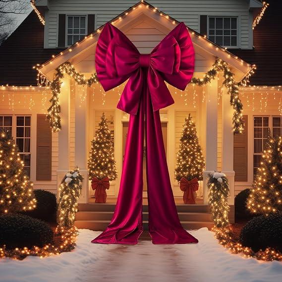 DoubleFill 55 x 118 Inch Giant Christmas Bow Outdoor Oversized Red Burgundy Silk Bow for Extra Large Christmas Tree Wreath Outside Wall Store Building Garage Front Door Indoor Home Room Backdrop Decor