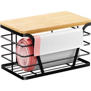 Trash Bag Holder/Dispenser, Garbage Bag Dispenser with Bamboo Top, Wall Mount, Stainless Steel & Bamboo Wood, Black (Small)