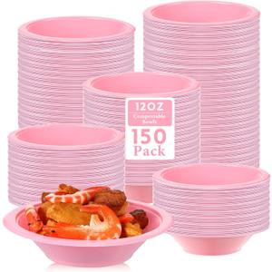 Mifoci 150 Pcs Plastic Bowls Disposable 12 oz Small Party Bowls for Serving Soup Snack Dessert Salad Food for Christmas Wedding Birthday Party Supplies, 7 Inch(Pink)