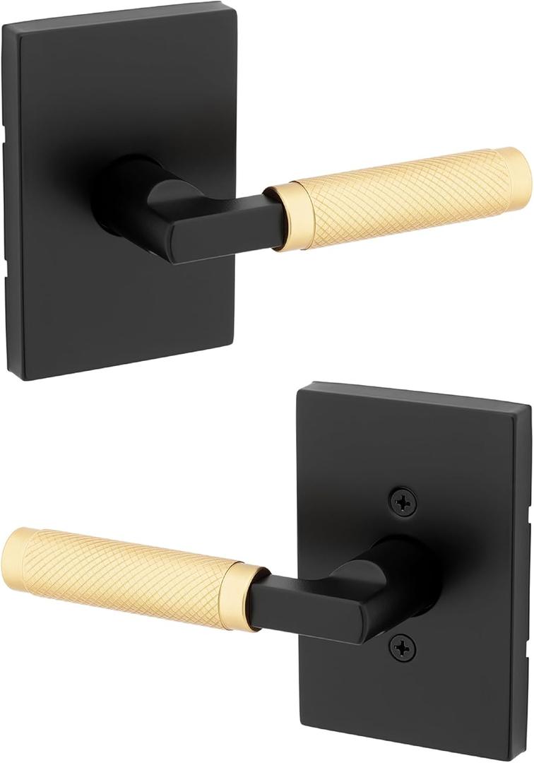 Kwikset Prava Interior Passage Door Knurled Handle, Lever for Closet and Hallway Doors, Reversible Non-Locking Handle Lever, Matte Black and Satin Brass, with Microban Protection