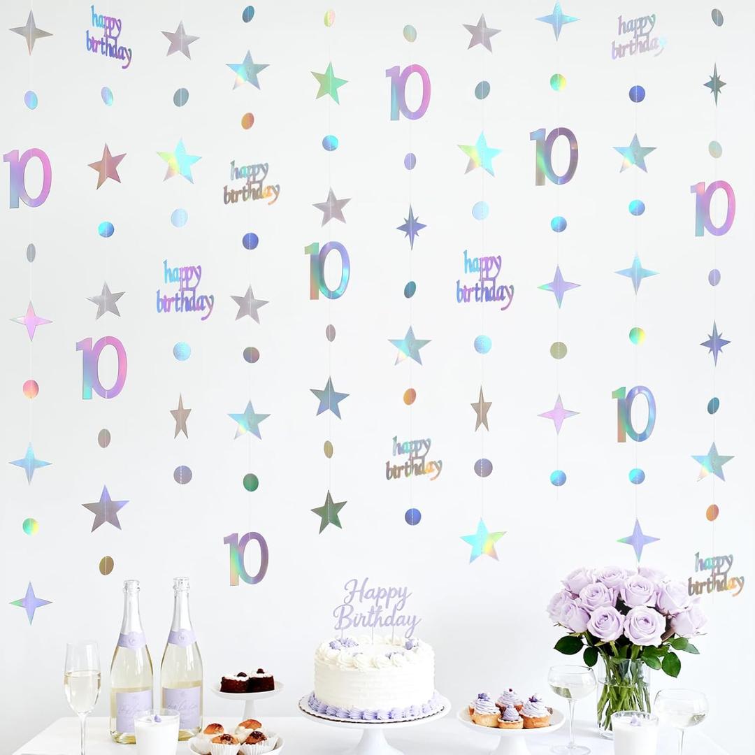 GCQQ 10th Birthday Decorations  46FT Iridescent 10 year old Circle Dot Twinkle Star Garland 10th Birthday Metallic Holographic Streamer Banner Backdrop for Girls Boys Teen Kids Birthday Party Decor