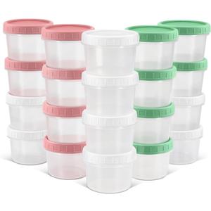 DEMORA 4 oz Small Plastic Containers with Twist on Lids [20 Sets], Stackable Little Food Storage Containers for Snack Lunch Meal Prep Salad Dressings, Freezer/Microwave/Dishwasher Safe, BPA Free (Translucent)